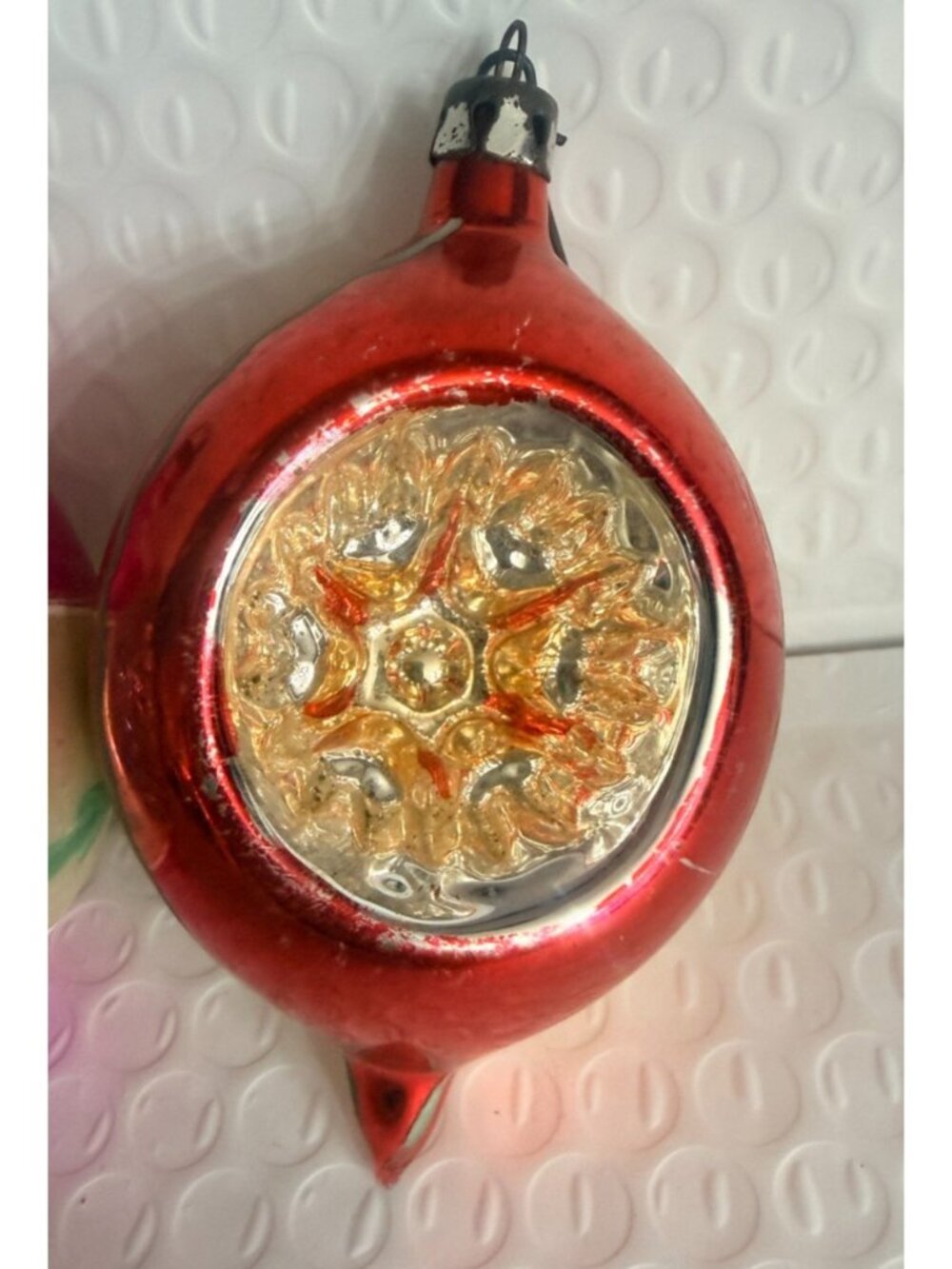 VTG Mercury Glass Ornament Teardrop Indent Poland Reflector red & Gold 4"